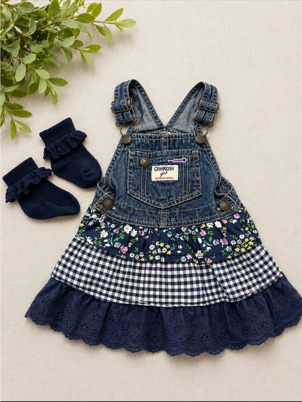 OshKosh B’gosh Girl Denim Overall Dress Floral Gingham Eyelet 24 Months + Socks